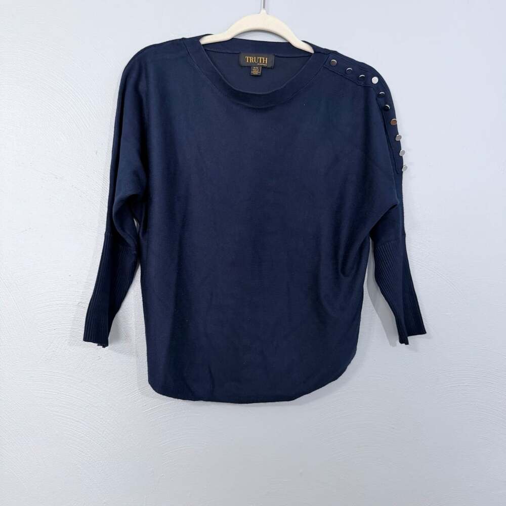 Navy Blue Shoulder Button Knit Pullover Sweater Women's Medium